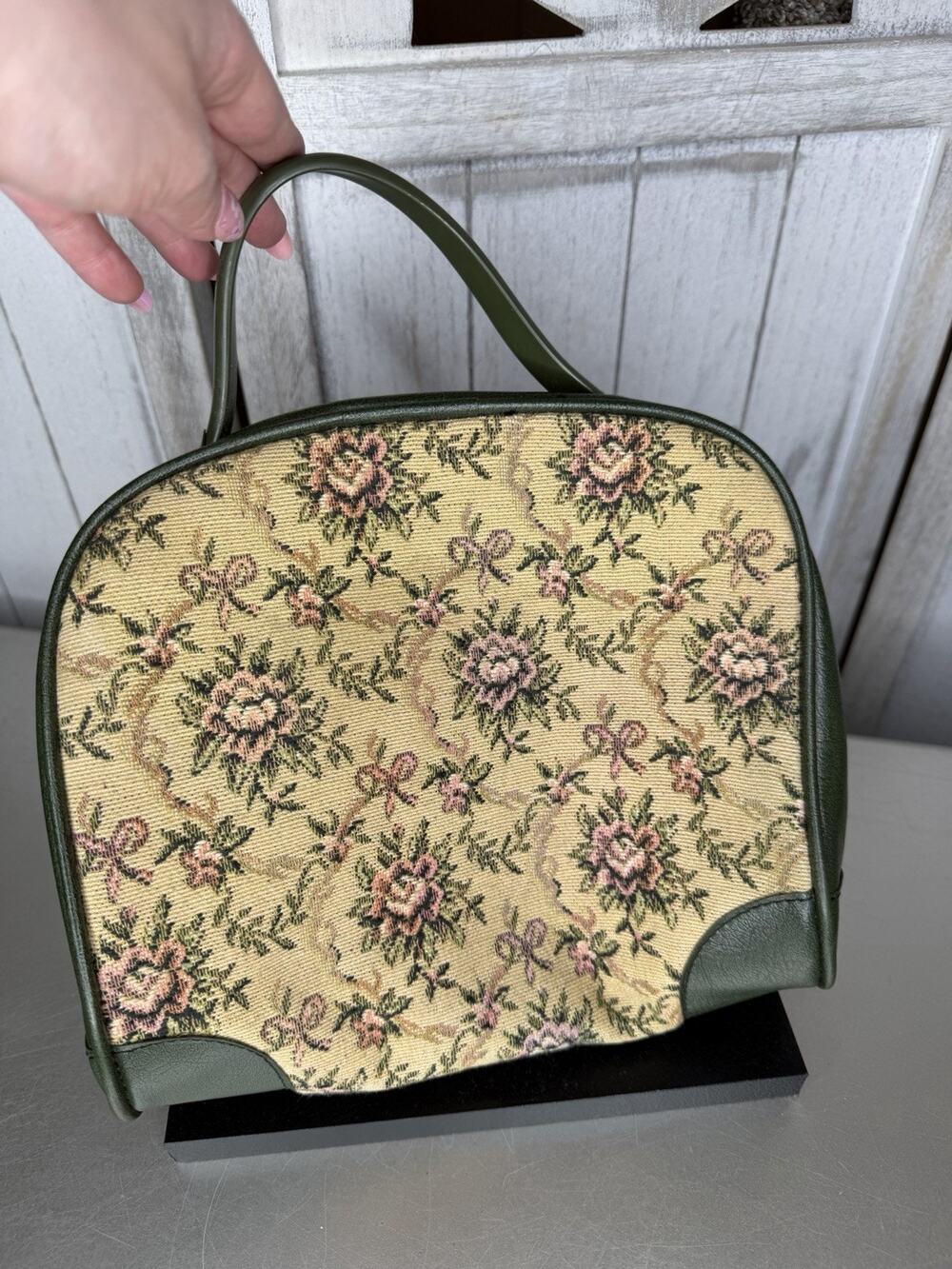 Vintage Tapestry Handbag Floral Petit Point Top Handle Purse 60s-70s Green Vinyl